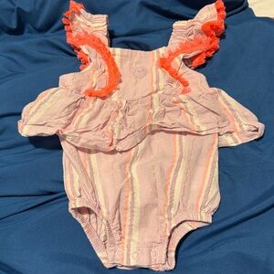 Juicy Couture Pink Striped Baby Romper with Neon Coral Trim